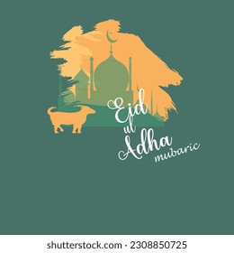 Eid ul Adha festival. Greeting card with sacrificial sheep and crescent on cloudy night background. Eid Mubarak theme. Vector illustration.