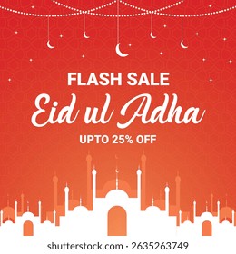 Eid Ul Adha Flash Sale Promotional Banner With Crescent Moons, Decorative Lights, White Mosque Silhouette, Bright Orange Gradient Background And Bold Discount Offer for Social Media Post.