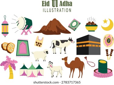 Eid Ul Adha Illustration Set with Qurban Animals Kaaba Mount Arafat Mina Tents Hajj Pilgrimage and Islamic Festival Festive Elements Vector