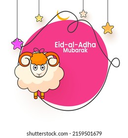 Eid Ul Adha Mubarak Concept With Cartoon Sheep, Crescent Moon, Stars Hang On Red And White Background.