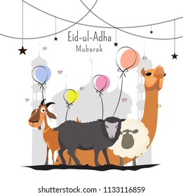 Eid Ul Adha Mubarak greeting card design decorated with hanging stars, colorful balloons and illustration of animal character in front of mosque.