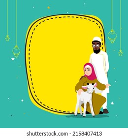 Eid Ul Adha Mubarak Greeting Card With Islamic Couple Holding Goat, Hanging Lanterns, Stars On Yellow And  Green Background.