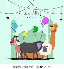 Eid Ul Adha Mubarak Greeting Card Decorated with Stars, Colorful Balloons and Cartoon Animal Characters on Silhouette Mosque Light Cyan Background.
