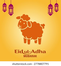 Eid ul Adha Mubarak greeting card with sheep and lanterns on orange background