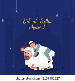 Diseño De Afiches De Eid Ul Adha Mubarak Con Niño Islámico Abrazando Oveja De Caricatura, Estrellas En Fondo De La Mezquita Azul De Silhouette.