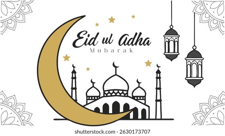 Eid ul Adha Mubarak Typography Design with Arabic Calligraphy and Crescent Moon Elements