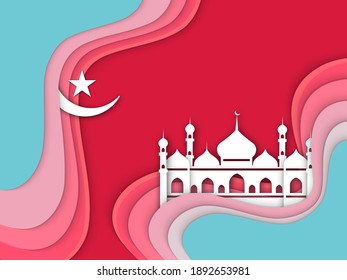 Eid Ul Adha poster design with paper cut mosque, stars and moon on colorfull background. Vector illustration.