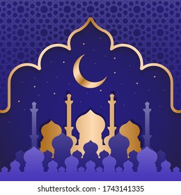 Eid Ul Adha Vector Design Poster with Mosque Silhouette and Golden Moon