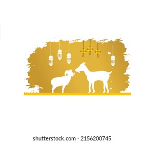 Eid ul Adha vector design with crescent moon, sheep, goat, ketupat, lantern, star. Suitable for Eid al-Adha, Eid Al-Fitr, Eid Mubarak, Ramadan, Islamic celebration days. golden color islamic vector