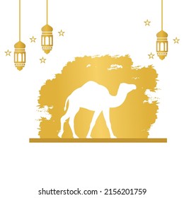 Eid ul Adha vector design with crescent moon, lantern, camel, star. Suitable for Eid al-Adha, Eid Al-Fitr, Eid Mubarak, Ramadan, and Islamic celebration days. golden color islamic vector design