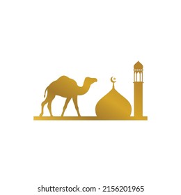 Eid ul Adha vector design with crescent moon, mosque, camel, stars. Suitable for Eid al-Adha, Eid Al-Fitr, Eid Mubarak, Ramadan, and Islamic celebration days. golden color islamic vector design