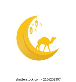 Eid ul Adha vector design with crescent moon, camel, lantern, star. Suitable for Eid al-Adha, Eid Al-Fitr, Eid Mubarak, Ramadan, and Islamic celebration days. golden color islamic vector design