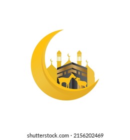 Eid ul Adha vector design with crescent, camel, mosque, kaaba, stars. Suitable for Eid al-Adha, Eid Al-Fitr, Eid Mubarak, Ramadan, Hajj and Islamic celebration days. golden color islamic vector design