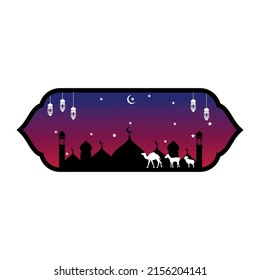 Diseño vectorial Eid ul Adha con luna creciente, camello, cabra, oveja, linterna, estrellas. Adecuado para Eid al-Adha, Eid Al-Fitr, Eid Mubarak, Ramadán y los días de celebración islámica. diseño vectorial de cuadro islámico