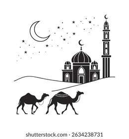 Eid ul Adha design vetorial com lua crescente, camelo, mesquita, estrelas. Adequado para Eid al-Adha, Eid al-Fitr, Ramadã, design vetorial islâmico. Dia da celebração islâmica. ícone islâmico.