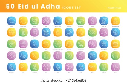 Eid ul adha vector icons set, muslims icons such as, Sacrifice, Crescent moon, Mosque, Prayer mat, Qurbani, Sheep, Goat, Cow, Camel, Eid Mubarak, Crescent and star, Family gathering, and more