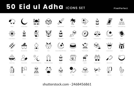 Eid ul adha vector icons set, muslims icons such as, Sacrifice, Crescent moon, Mosque, Prayer mat, Qurbani, Sheep, Goat, Cow, Camel, Eid Mubarak, Crescent and star, Family gathering, and more