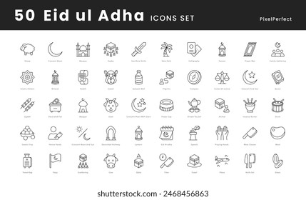 Eid ul adha vector icons set, muslims icons such as, Sacrifice, Crescent moon, Mosque, Prayer mat, Qurbani, Sheep, Goat, Cow, Camel, Eid Mubarak, Crescent and star, Family gathering, and more