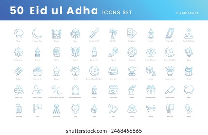 Eid ul adha vector icons set, muslims icons such as, Sacrifice, Crescent moon, Mosque, Prayer mat, Qurbani, Sheep, Goat, Cow, Camel, Eid Mubarak, Crescent and star, Family gathering, and more