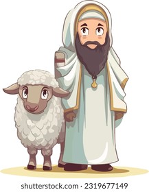 Ilustración vectorial de Eid ul adha, un hombre árabe con una oveja a ser sacrificada