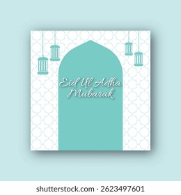 Eid ul Adha ilustração vetorial com elementos decorativos islâmicos como lua crescente, mesquita, lanternas, estrelas e padrões elegantes. Este design vibrante captura a essência espiritual e festiva 