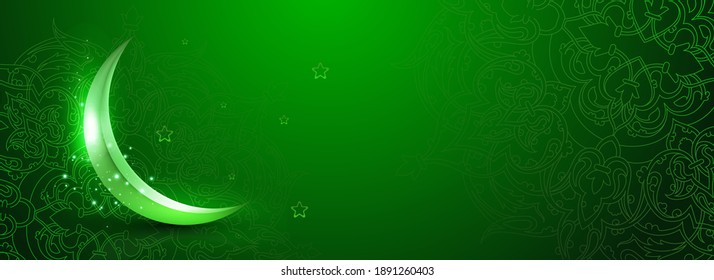 Eid Ul Adha web header or banner design with glossy moon on floral pattern background.