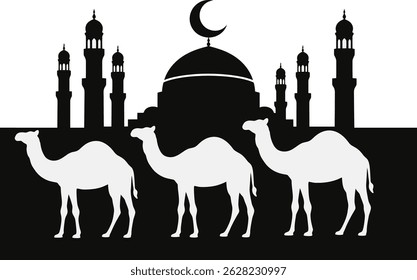 Eid ul Azha Celebration Mosque and Camel Silhouette Art
