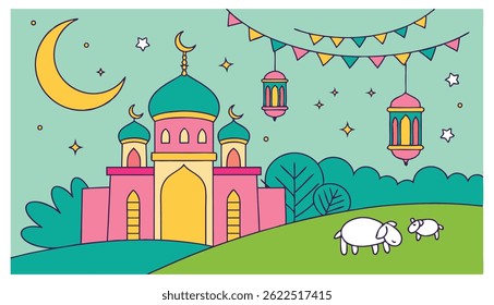 Ilustração vetorial de Eid ul Azha Mubarak com mesquita, lanternas e cabra qurbani

