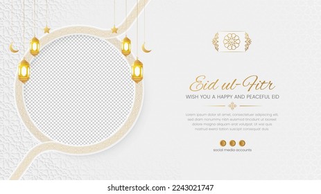 Eid ul fitr Arabic Islamic social media banner design with an arabesque pattern and photo frame