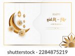 eid ul fitr banner design with realistic crescent moon, islamic letra and islamic pattern. Also suitable for greeting cards etc. vector illustration.