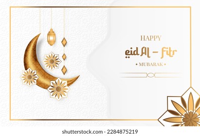 eid ul fitr banner design with realistic crescent moon, islamic letra and islamic pattern. Also suitable for greeting cards etc. vector illustration.