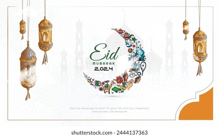 Ilustración de Imagen de Vector de Eid ul fitr Anuncio de Eid Mubarak con mezquita