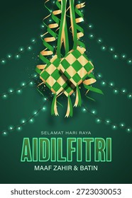  Cartel de la Vertical de Eid ul Fitr con la decoración colgante de Ketupat y la guirnalda festiva de las lámparas en la Ilustración vectorial verde del fondo. Selamar Hari Raya Aidilfitri Traducción: Eid ul Fitr