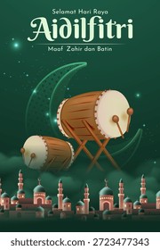 Afiche de Vertical de Eid ul Fitr con tambor beduino, horizonte de la mezquita y atmósfera festiva de la noche islámica. Selamat Hari Raya Aidilfitri Traducción: Eid ul Fitr