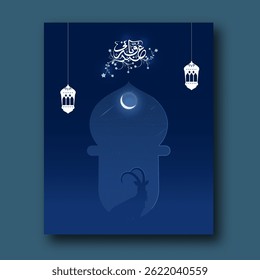 Eid ul-Adha Mubarak Greeting Card with Arabic Calligraphy, Silhouette Goat and Lamps Hang on Crescent Moon Blue Background.