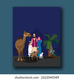 Eid ul-Adha Mubarak Greeting Card with Cartoon Muslim Family Celebrating and Animals Illustration.