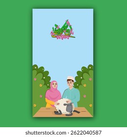 Eid ul-Adha Mubarak Poster mit arabischer Kalligrafie, Illustration des unglücklichen muslimischen Paares, das Schafe auf einem Holztisch hält.