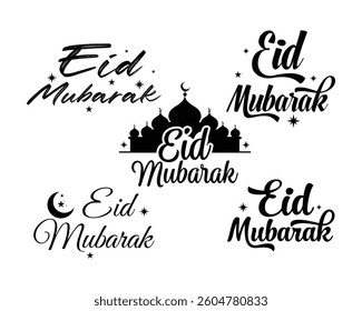 Eid ul-Fitr, Eid ul-Adha Text Vector Design, Eid Mubarak English Typography And calligraphy, Creative Art Eid Mubarak Lettering, Vector Illustration With White Background.