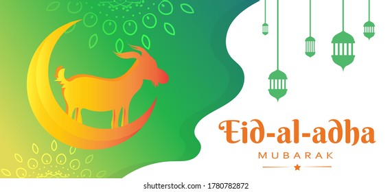 Eid-al-adha, eid qurban mubarak greeting poster with goat and crescent moon, vector illustration
