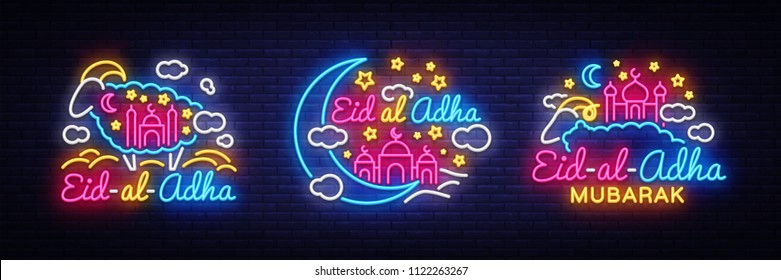 Eid-Al-Adha festive card collection design template in modern trend style. Neon style, Islamic and Arabic background for the holiday of the Muslim community. Kurban Bayrami Light banner. Vector