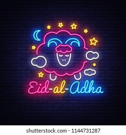Eid-Al-Adha festive card design template in modern trend style. Neon style, Islamic and Arabic background for the holiday of the Muslim community. Kurban Bayrami Light banner. Vector illustration