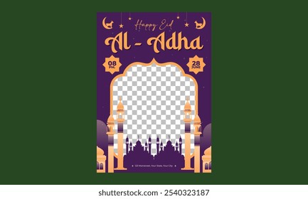 Eid-Al-Adha Flyer. Vector modern illustration of mosque, lamb, landscape, abstract pattern, crescent, nature for greeting card, Islamic background, poster or sale flyer