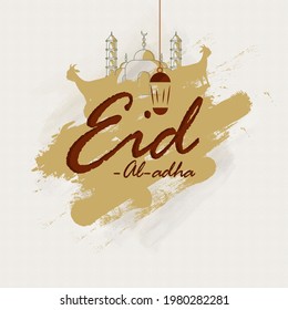 Eid-Al-Adha Font With Brush Stroke Effect Goats And Mosque Illustration On White Background.