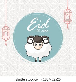 Eid-Al-Adha Font with Cartoon Sheep and Hanging Lanterns on White Paper Cut Arabic Patter Background.