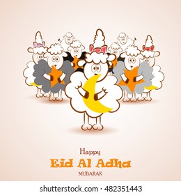 Eid-al-adha greeting card with baby, funny  sheep, moon muslim community festival of sacrifice. Islamic vector design Eid Mubarak greeting card template. Blessed festival. 