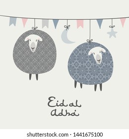 Eid-al-adha greeting card, invitation. Party decoration. String with hanging moon, stars, flags. Ornamental sheeps decorated by arab patterns. Muslim community festival of sacrifice. Vector background