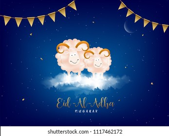 Eid-Al-Adha, Islamic festival of sacrifice concept with happy sheeps and golden bunting flags on blue cloudy background.