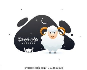 Eid-Al-Adha, Islamic festival of sacrifice with sheep, crescent moon, mosque on abstract background.