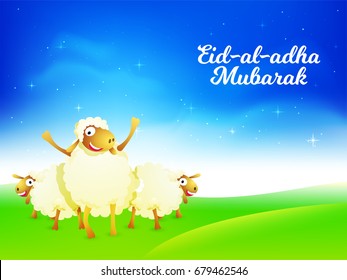 Eid-Al-Adha Mubarak background with happy sheep cartoons on shiny background, Islamic Festival of Sacrifice concept.
