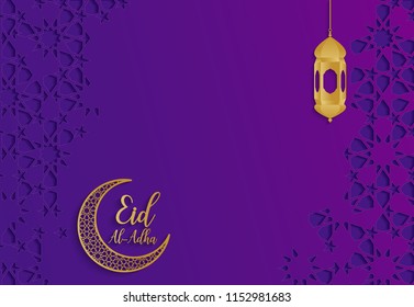  Eid-Al-Adha Mubarak backgrounds crescent moon vector  with Arabic pattern violet background